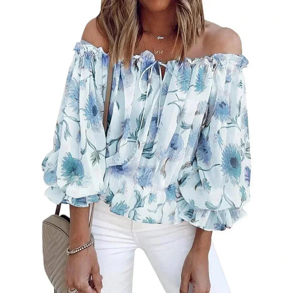Women's 3/4 Ruffle Sleeve Off Shoulder Chiffon Blouse Summer - Picture 1 of 6